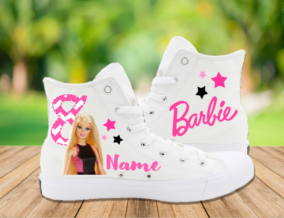 Barbie Blonde Girl Doll Birthday Custom Name White Kids High Top Shoes –  Sweet Tutus