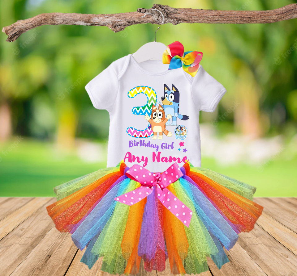 Bluey and Bingo Kids Birthday Custom Rainbow Fancy Tutu Outfit Set