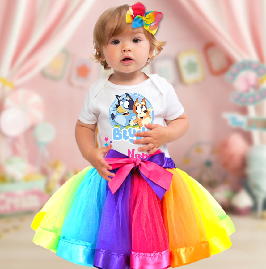 Bluey and Bingo Kids Custom Rainbow Ribbon Tutu Outfit Set Dress