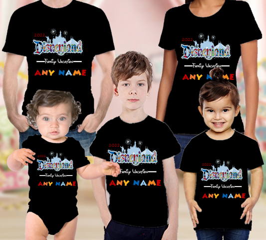 Disneyland Castle Family Vacation Trip Custom Name Black T Shirts - Pick your PACK SIZE