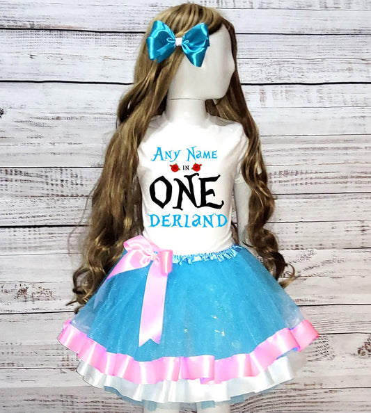 Alice in Wonderland One Derland Birthday Custom Name Pink Blue White Double Trim Tutu Outfit Set Dress - 3 Pieces