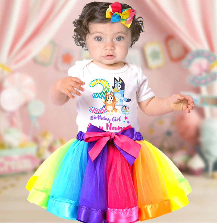 Bluey and Bingo Kids Birthday Custom Rainbow Ribbon Tutu Outfit Set Dress - 3 Pieces