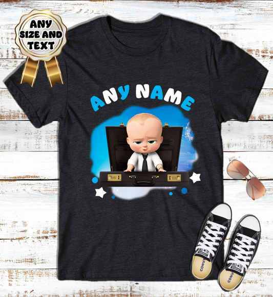 Boss Baby Blonde Boy Custom Name Black T Shirt or Baby Onesie