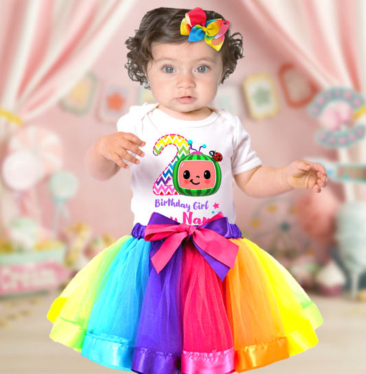 CoComelon Birthday Custom Name Rainbow Ribbon Tutu Outfit Set Dress - 3 Pieces