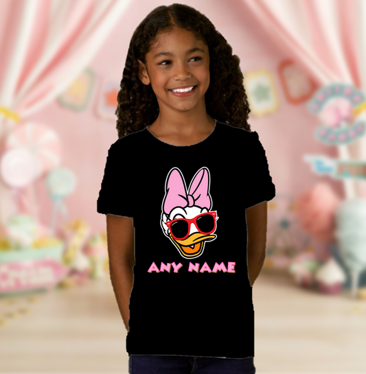 Disney Daisy Duck Face Sunglasses Family Vacation Trip Custom Name Black T Shirt or Baby Onesie