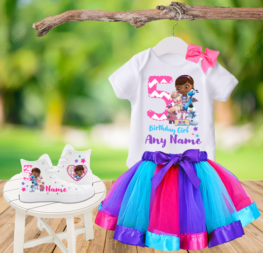 Doc McStuffins Birthday Party Custom Name Kids White High Top Shoes Sneakers AND Purple Ribbon Tutu Outfit Dress