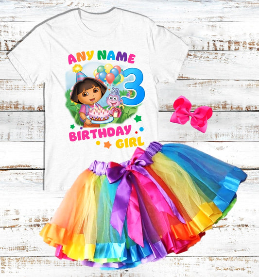 Dora The Explorer Birthday Custom Name Rainbow Ribbon Tutu Outfit Set Dress - 3 Pieces