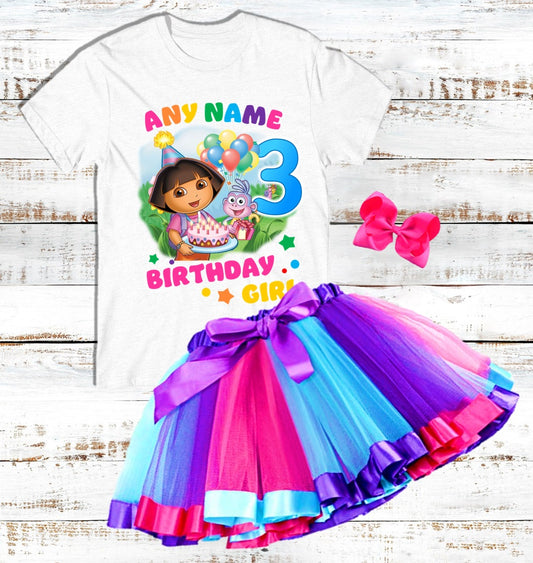 Dora The Explorer Birthday Custom Name Purple Ribbon Tutu Outfit Set Dress - 3 Pieces