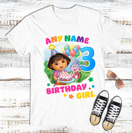 Dora The Explorer Birthday Custom Name White T Shirt or Baby Onesie