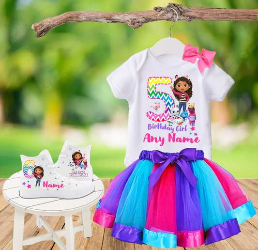 Gabby's Dollhouse Birthday Party Custom Name Kids White High Top Shoes Sneakers AND Purple Ribbon Tutu Outfit Dress