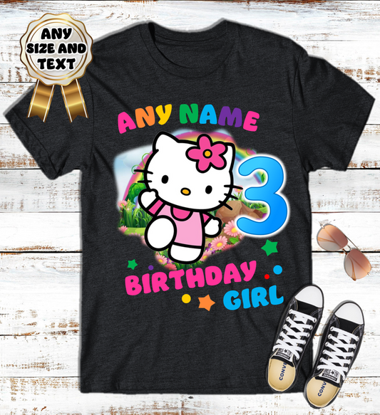 Hello Kitty Pink Birthday Custom Name Black T Shirt or Baby Onesie