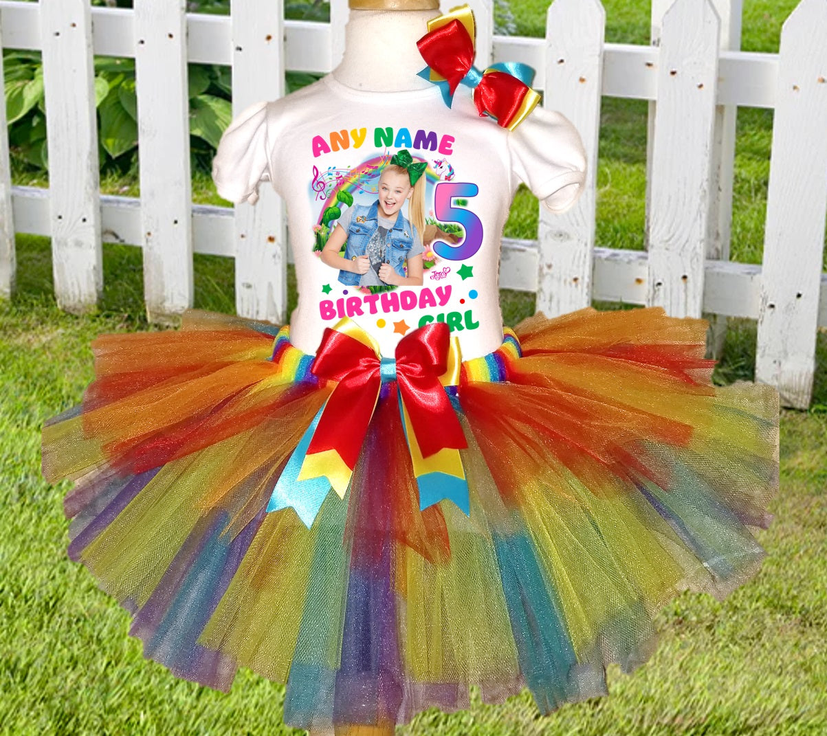 Jojo Siwa Green Bow Birthday Custom Name Rainbow Fancy Layered Tutu Outfit Set Dress - 3 Pieces