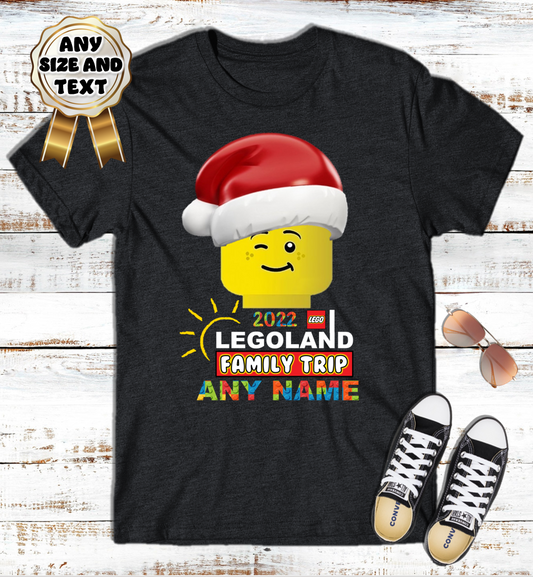 Legoland Big Lego Heads Christmas Family Vacation Trip Custom Name Black T Shirt or Baby Onesie