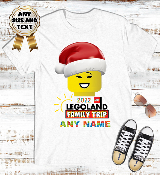 Legoland Big Lego Heads Family Christmas Vacation Trip Custom Name White T Shirt or Baby Onesie