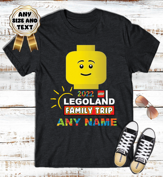 Legoland Big Lego Heads Family Vacation Trip Custom Name Black T Shirt or Baby Onesie