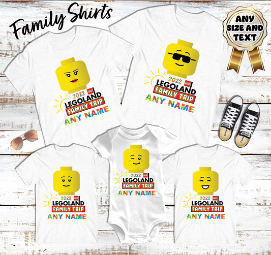 Legoland Big Lego Heads Family Vacation Trip White T Shirts - Pick your PACK SIZE