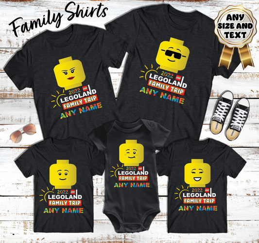 Legoland Big Lego Heads Family Vacation Trip Black T Shirts - Pick your PACK SIZE