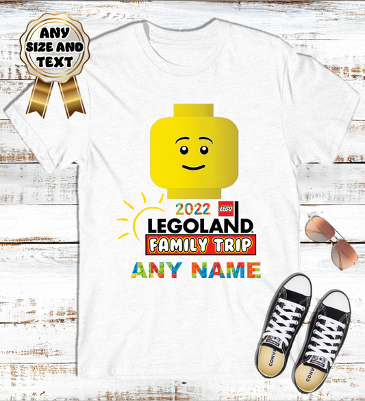 Legoland Big Lego Heads Family Vacation Trip Custom Name White T Shirt or Baby Onesie