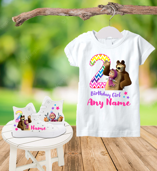 Masha and the Bear Birthday Party Custom Name Kids White High Top Shoes Sneakers AND T Shirt or Onesie