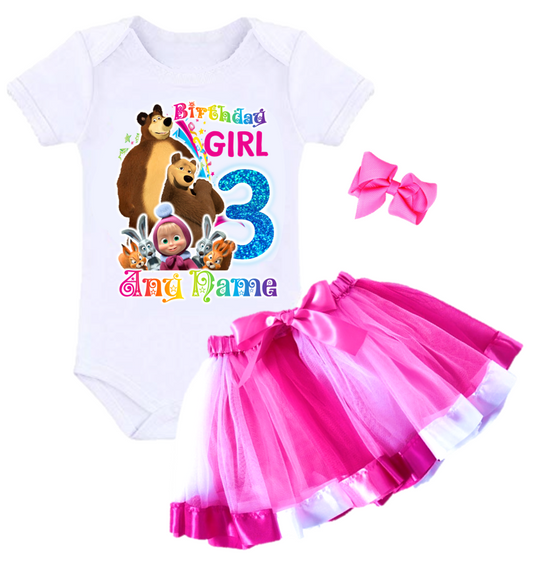 Masha and The Bear Kids Birthday Custom Name Pink Ribbon Tutu Outfit Set Dress - 3 Pieces