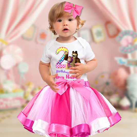 Masha and The Bear Birthday Custom Name Pink Ribbon Tutu Outfit Set Dress - 3 Pieces