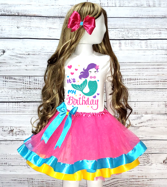 Mermaid Girls It's My Birthday Custom Name Hot Pink Blue Yellow Double Trim Tutu Outfit Set Dress - 3 Pieces