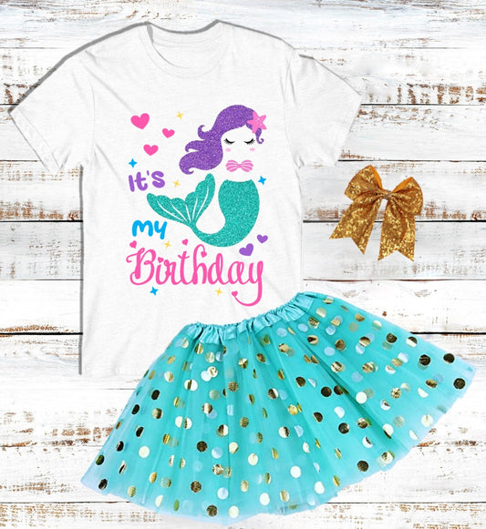 Mermaid Girls It's My Birthday Custom Name Blue Gold Polka Dots Tutu Outfit Set Dress - 3 Pieces