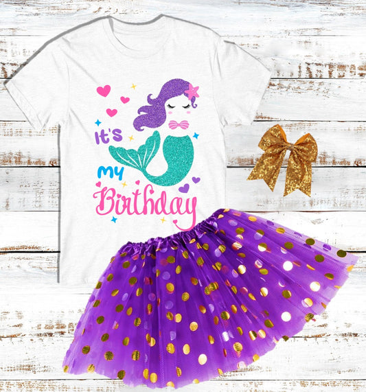 Mermaid Girls It's My Birthday Custom Name Purple Gold Polka Dots Tutu Outfit Set Dress - 3 Pieces