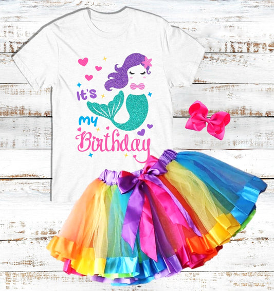 Mermaid Girls It's My Birthday Custom Name Rainbow Ribbon Tutu Outfit Set Dress - 3 Pieces
