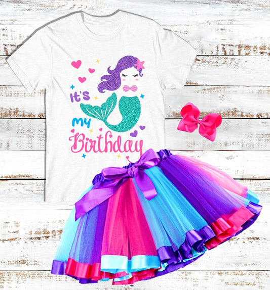 Mermaid Girls It's My Birthday Custom Name Purple Ribbon Tutu Outfit Set Dress - 3 Pieces