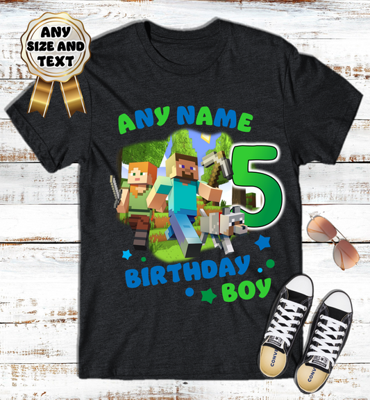 Minecraft Kids Birthday Custom Name Black T Shirt or Baby Onesie
