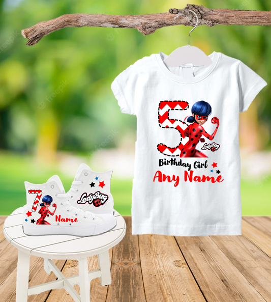 Miraculous Ladybug Birthday Party Custom Name Kids White High Top Shoes Sneakers AND T Shirt or Onesie
