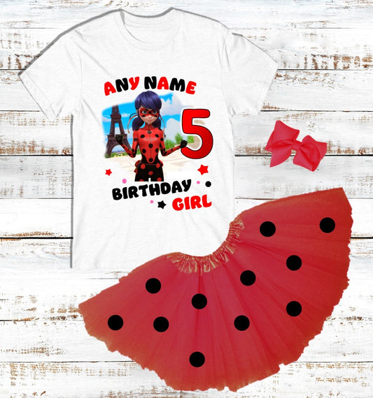 Miraculous Ladybug Girls Birthday Custom Name Red Black Polka Dots Tutu Outfit Set Dress - 3 Pieces