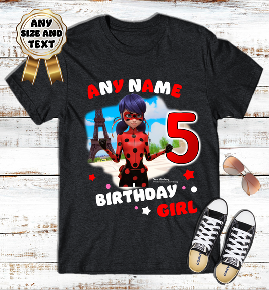 Miraculous Ladybug Girls Birthday Custom Name Black T Shirt or Baby Onesie