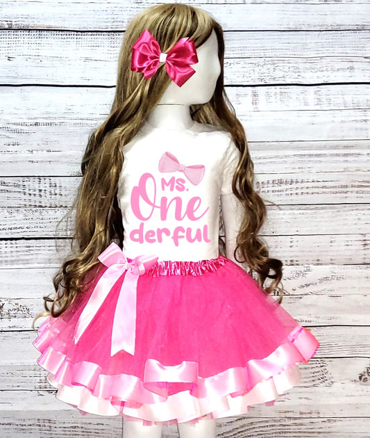 Ms Onederful Girls 1st First Birthday Hot Pink White Pink Double Trim Tutu Outfit Set Dress - 3 Pieces