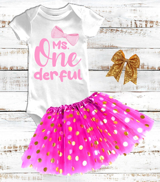 Ms Onederful Girls 1st First Birthday Hot Pink Gold Polka Dots Tutu Outfit Set Dress - 3 Pieces