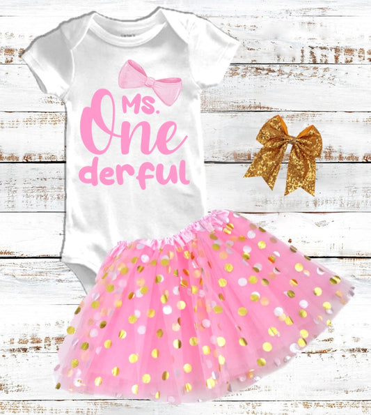 Ms Onederful Girls 1st First Birthday Pink Gold Polka Dots Tutu Outfit Set Dress - 3 Pieces