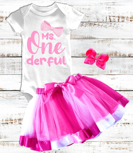 Ms Onederful Girls 1st First Birthday Pink Ribbon Tutu Outfit Set Dress - 3 Pieces