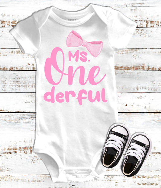 Ms Onederful Girls 1st First Birthday White T Shirt or Baby Onesie