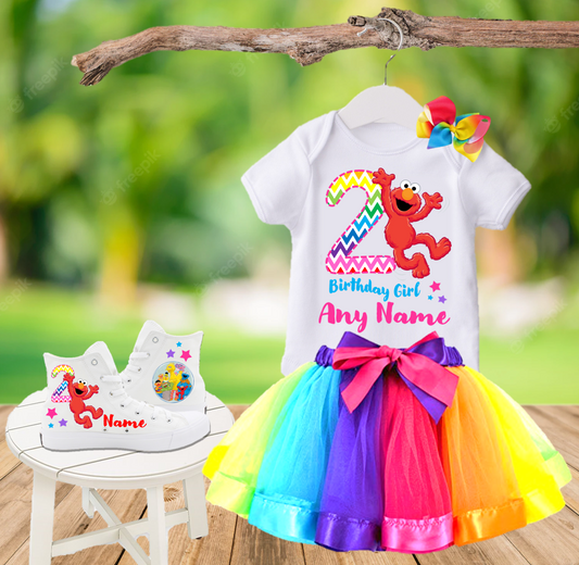 Sesame Street Elmo Birthday Party Custom Name Kids White High Top Shoes Sneakers AND Rainbow Ribbon Tutu Outfit Dress