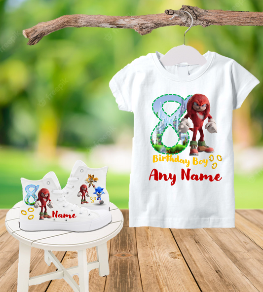 Sonic the Hedgehog Movie Knuckles Birthday Party Custom Name Kids White High Top Shoes Sneakers AND T Shirt or Onesie