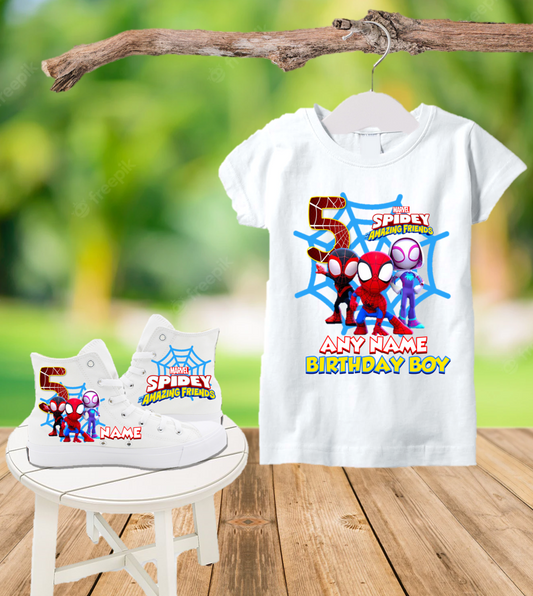 Spidey Amazing Friends Birthday Party Custom Name Kids White High Top Shoes Sneakers AND T Shirt or Onesie