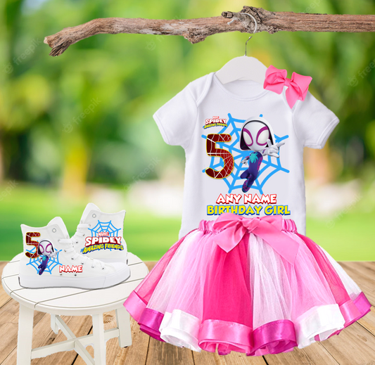 Spidey Amazing Friends Ghost Spider Gwen Birthday Party Custom Name Kids White High Top Shoes Sneakers AND Pink Ribbon Tutu Outfit Dress