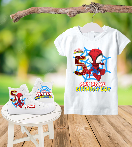 Spidey Amazing Friends Spiderman Peter Birthday Party Custom Name Kids White High Top Shoes Sneakers AND T Shirt or Onesie