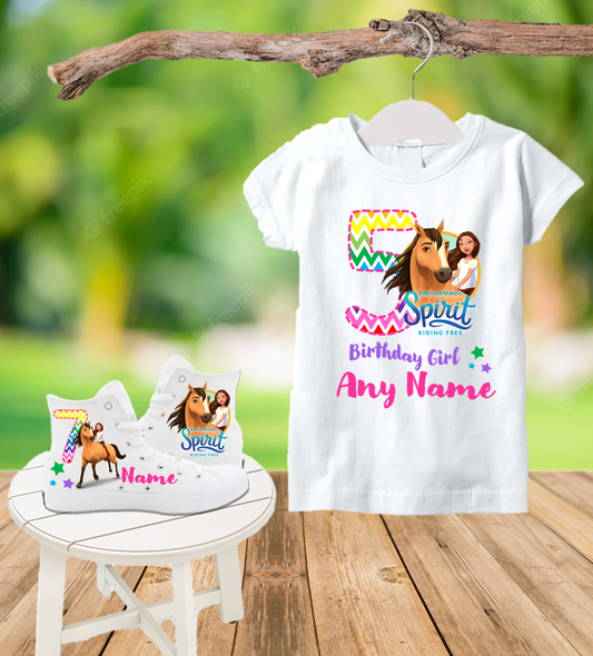 Spirit Riding Free Birthday Party Custom Name Kids White High Top Shoes Sneakers AND T Shirt or Onesie