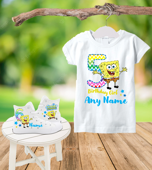 SpongeBob SquarePants Birthday Party Custom Name Kids White High Top Shoes Sneakers AND T Shirt or Onesie