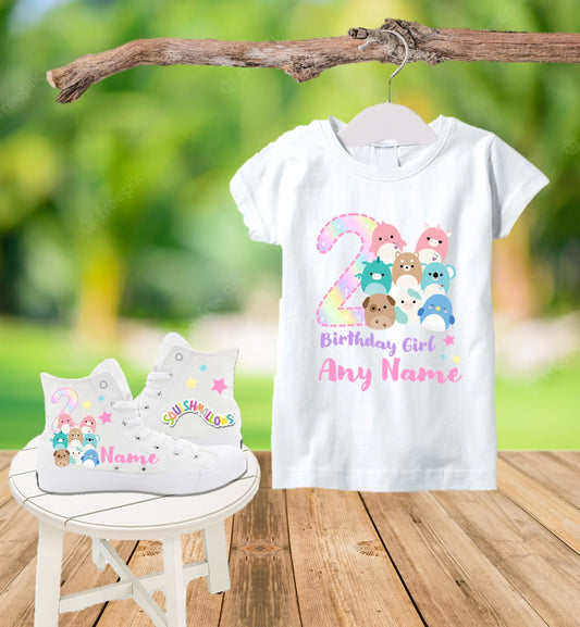 Squishmallows Birthday Party Custom Name Kids White High Top Shoes Sneakers AND T Shirt or Onesie