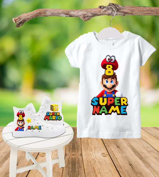 Super Mario Bros Birthday Party Custom Name Kids White High Top Shoes Sneakers AND T Shirt or Onesie