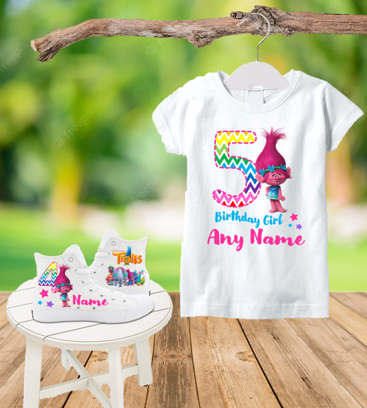 Trolls Poppy Birthday Party Custom Name Kids White High Top Shoes Sneakers AND T Shirt or Onesie