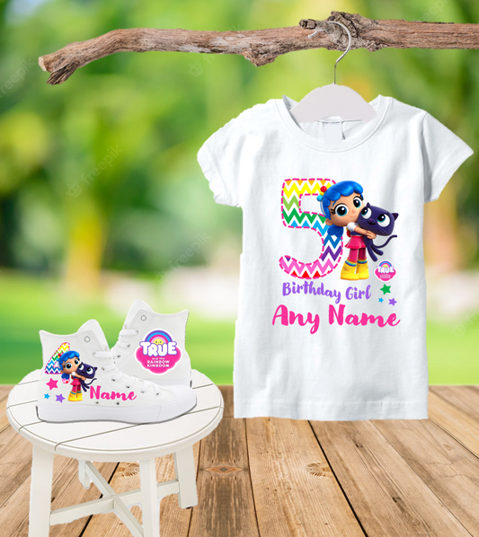 True and the Rainbow Kingdom Birthday Party Custom Name Kids White High Top Shoes Sneakers AND T Shirt or Onesie